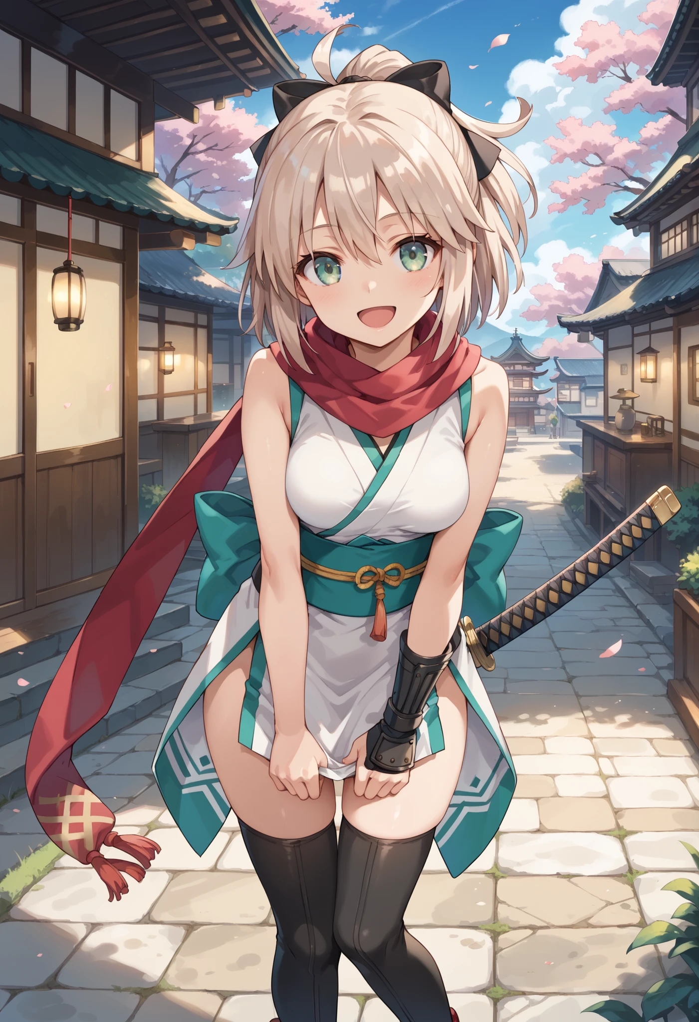 cute face, perfect face, perfect hands, 1teen_girl,okita souji \(FGO\), okita souji \(fate\), white_pink_ponytail,black_bow,sleeveless_white_short_kimono,
smile,happy,gold_eyes, thigh-highs, (straw_sandals:0.6),medium_breasts, ,town_background,black_long_scarf,knees, black_cloth_gauntlet,open_mouth, bare_elbows,1katana, hand_grab_1katana's_hilt,standing
