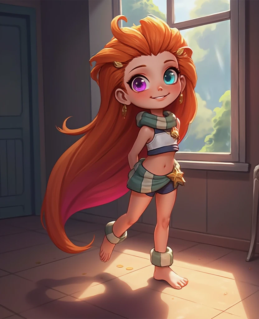 realistic photo of, An elegant, Alone , avinanetu        , small,    nudity   , long orange hair, arms behind your head,  open legs, empty room, looking at the viewer, smiling, heterochromia, blue eye and purple eye (  zoe from League of Legends  ), axillary hair. 