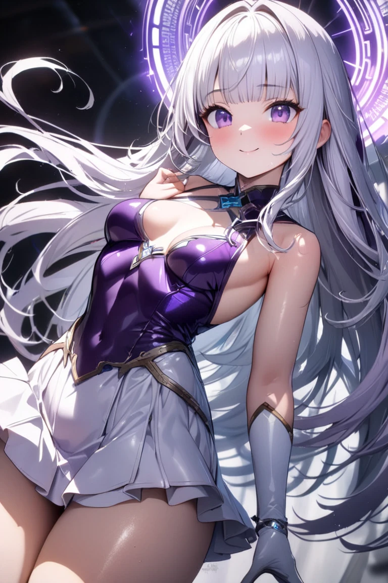 (close shot, best quality:1.5, highres, UHD, 4K, detailed lighting, shaders), medium breasts, athletic body, slim body, breasts, bunnysuit, pantyhose, bowtie, seductive pose, smiling, standing, casino background, Emilia, white hair, purple eyes, x hair ornament, white rose in hair, crown braid,