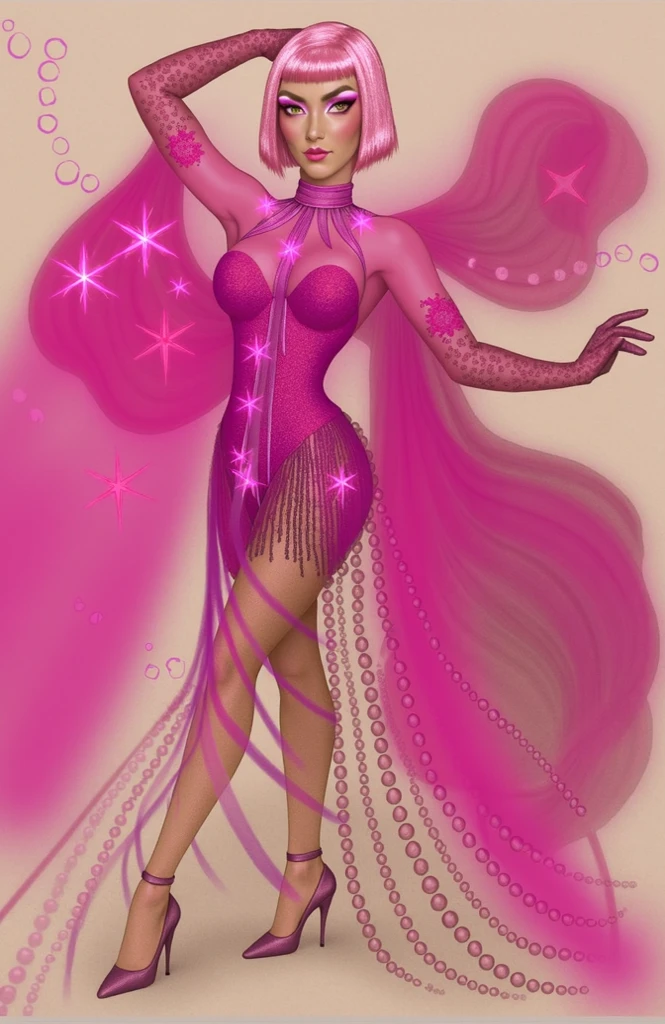 Full body portrait of a beautiful ethereal woman, her very long magenta hair cascading down in soft waves, framing a face of extreme detail and elegance. Her eyes, big and colorful, boast three gradient teal shades of eyeshadow and eyeliner, accentuating her double eyelids and long lashes. Rosy cheeks adding a touch of warmth to her ethereal beauty, and her skins glossy texture shines in the cinematic light, highlighting each and every realistic pore and Wrinkle. Full lips adorned with golden glitter on her lipstick, complementing the magenta and teal jewels she wears around her neck and wr
