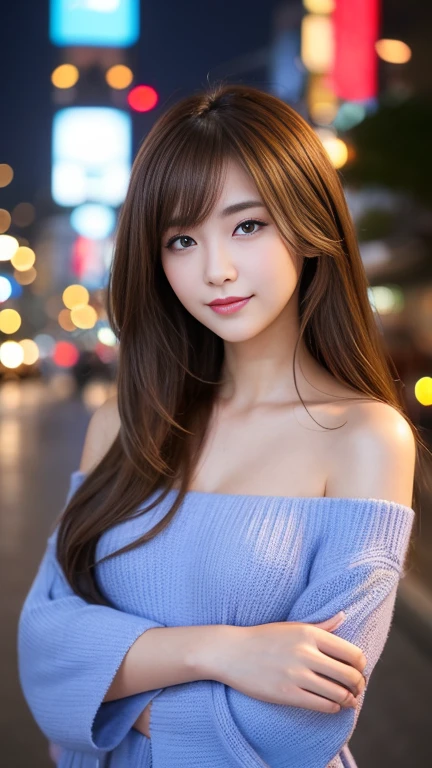 Ultra High Definition, Superior Quality, Premier Quality, ultra detailed, Photorealistic, 8k, RAW Photos, highest quality, masterpiece, Attractive girl, Stunning girl, Brown Hair, Shoulder Length Layered, asymmetrical bangs, Japanese Idol, Sophisticated, Stylish, v-neck knit, Shibuya, Great Joy
