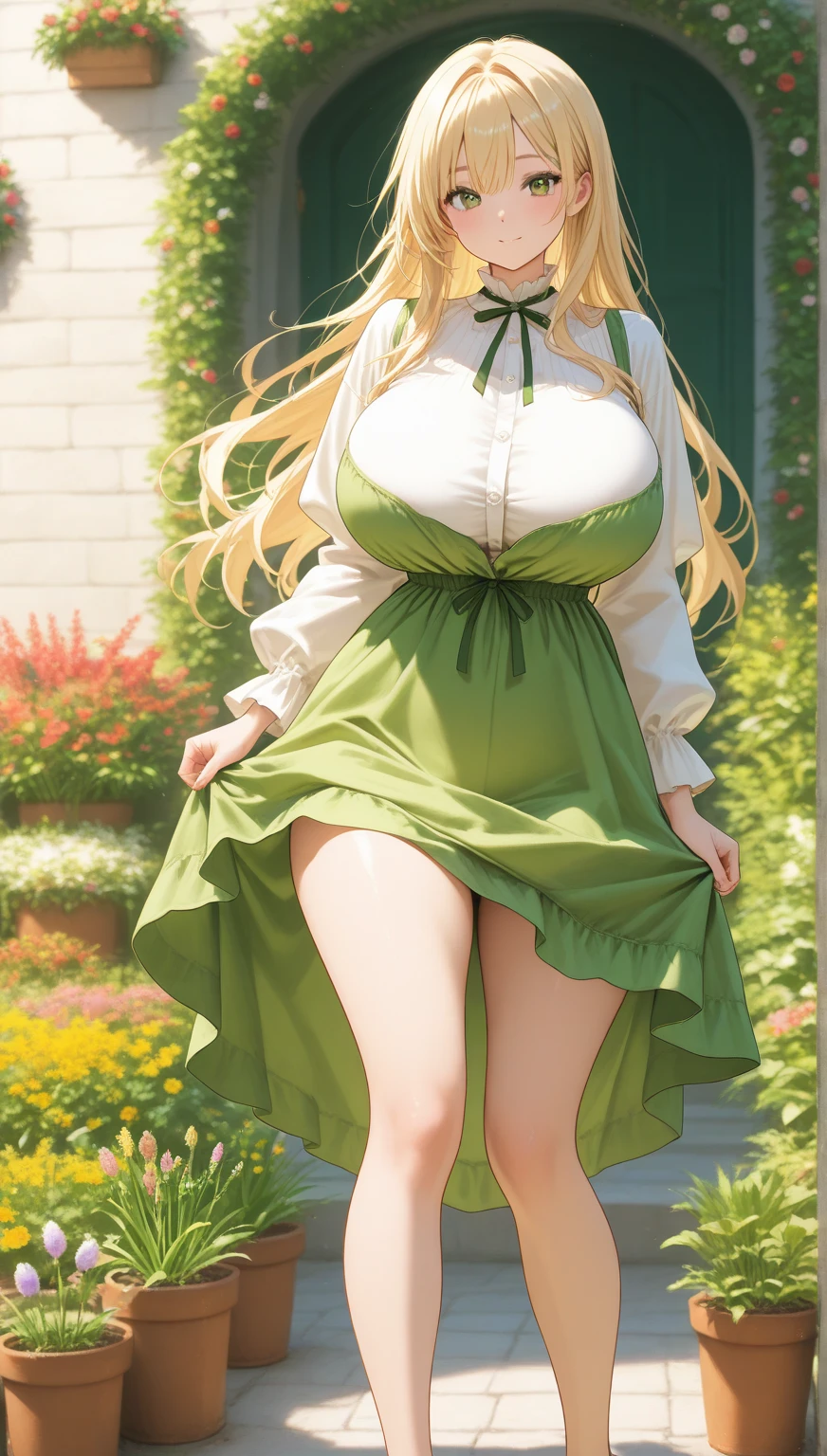 Delicate composition, Super detailed, highest quality, Blurred foreground, Dynamic Views, 1 girl, (Captivating smile:0.6), alone, , Hair Intake, Beautiful and detailed gardens, Fluttering fine petals, growing up, (White fishnet stockings), minami kotori, Sitg