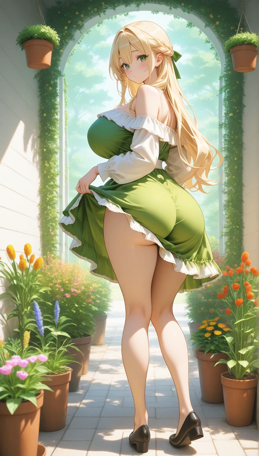 1woman, adult woman, (), full body picture, afb-lora
ass, stomach, lying, from behind, thick thighs, under a tree, bright-green eyes, long hair, curly hair, blonde, busty, ve breasts poinples, massive as ass, muscular asenphasis ohe ass, muscollegs, hourglass body,ing,bdsm,bound,shibari,shibari over clotheound legs, orso,r ed, arms tied, arms behind back,(((rope))), elf dress, green dress, white top, elegant dress, long dress, tight corset, underwear showing, long socks, white socks, very aroused, want to be fucked, forest background, looking at viewer, looking ba