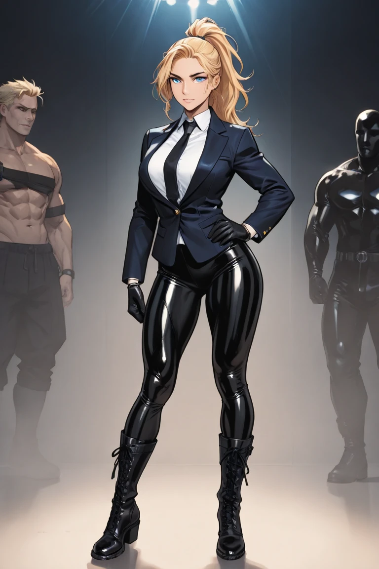 masterpiece, best quality, agrias, grey sweater, black leotard, standing, looking at viewer, blonde hair, superhero, boots, time travel