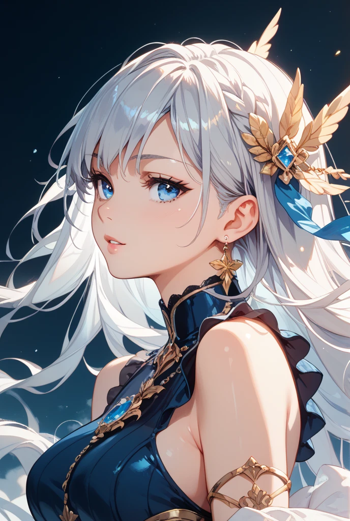 Blue and white contrast eyes, smile, blush