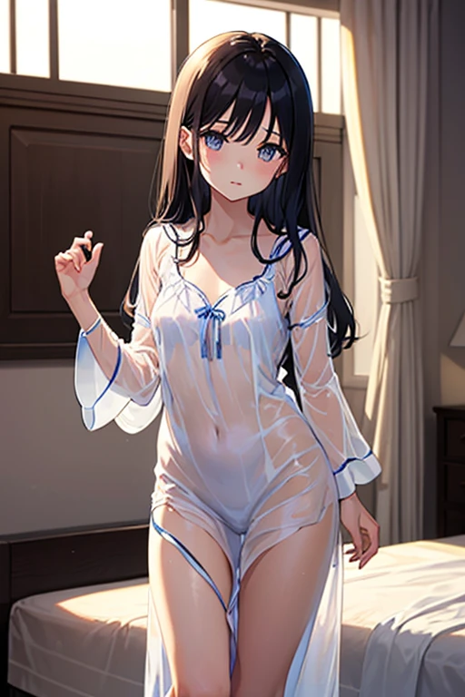Pose in front of the window、Anime girl in see-through white underwear, Nipples are visible、Enchanting anime girl, Naughty, Revealing clothing, Boob proportions, In a dress, Naughty anime style, Beautiful and attractive anime woman, Top rated on pixiv、beautiful girl、Japanese、Shortcuts、Smaller breasts、Black Hair、Quiet、Inconspicuous