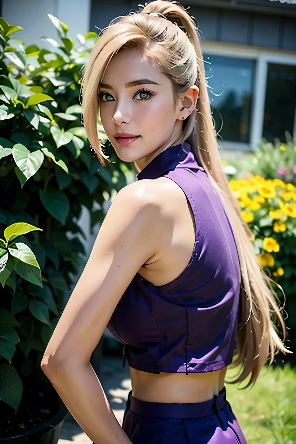 Top quality, 8k, 32k, Masterpiece, photorealistic, realistic, (photorealistic:1.5), solo, smile, (dramatic lighting:1.2), professional makeup, (natural big breasts:1.2), (seductive:1.3), (sexy:1.3) beautiful white face shining, gorgeous face, pink cheeks, beautiful lips, porcelain skin, detail intricate, super detailed, super high, highest detailed, high detailed, delicate, incredible detailed, fine detailed, (cinematic lighting:1.2), top quality, smooth and beautiful, CG, unity, 8k wallpaper, Stunning, fine detail, unity CG wallpaper 8k ultra-detailed, large file size, ultra-detailed, high resolution, incredible detail, stunning detail, depth of field, (Ino Yamanaka), young girl, (pale skin), (long hair:1.5), ((light blonde hair with bangs framing the right side of her face)), (light blonde eyebrows), (ponytail), ((light blue eyes)), beautiful detailed eyes, beautiful happy smile, (purple color shirt, zipper Front Sleeveless Shirt, crop top, Solid Collar Shirt), purple skirt, cowboy shots, old village, shining day, garden