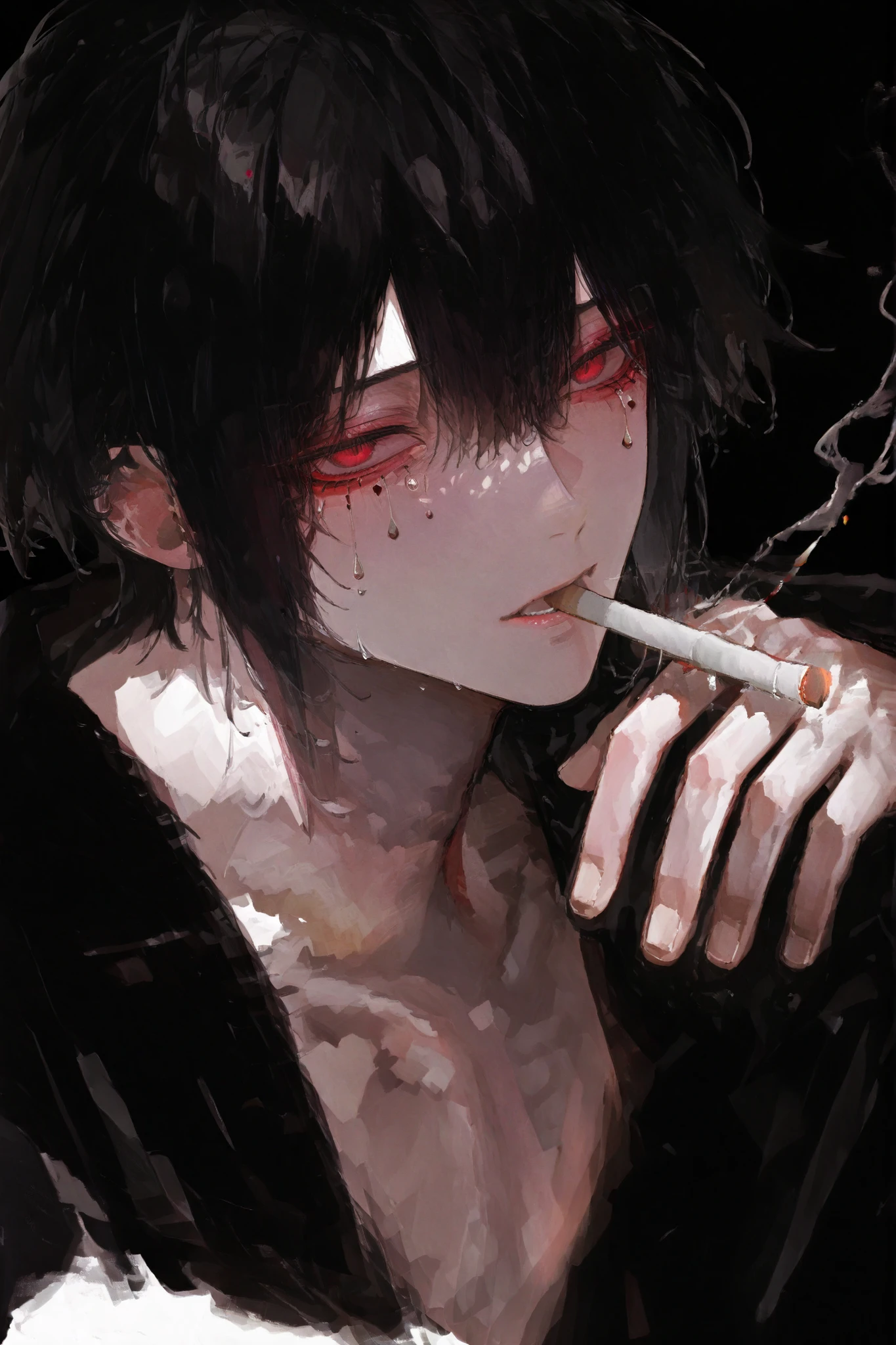 oil、 boy、black background、白髪の boy、cool、close-up、beautiful、black hair、red eyes、teardrop-shaped makeup、 cigarettes、cigarette