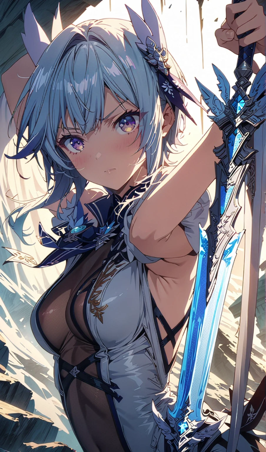 (((highest quality、first-clasasterpiece、Normal body、8k、Detailed face、Ultra-precision、Normal hand、Normal finger、5Finger、)))Brightly colored hair、Silver-turquoise hair、Short Hair、Shortcuts、Sleeping habit head、Unshaven Head、Small breasts、Beautiful body、Brave、Brave Princess Knight、A sad expression、A look of amusement、Moist eyes、Legendary Sword、Sword of Light、Dragon Sword、Sword and magic circle、Magic Sword、The Great Magic of Light、huge magic circle、Shiny Tiara、Silver Breastplate、knight armor、Dress Armor、metalic armor、Armor Skirt、Silver Leotard、Navel-baring leotard、Green belt、Silver Half Cloak、Evil Eye、Blue and scarlet odd eyes、Magic circle pattern on eyes、Demon King's Castle、Evil Cave、Swinging a Sword、Sweep with a sword、In combat、Heart mark on uterus、Heart pattern on abdomen、Heart tattoo on belly、Heart mark on navel、The Cursed Princess Knight、The Curse of Passion、Princess Knight Under a Spell、Princess Knight Trapped in a Spell、Chains in both hands、Caught in chainysterious World、Pink in the Brain、Walking Obscenity、Lewd temperament、Masochistic temperament、Always in heat、defeat wish、training desire、Obscene delusions、Trembling and trembling、Twitch twitch震えてる、快感でTwitch twitchしてる、『Twitch twitch』Performance