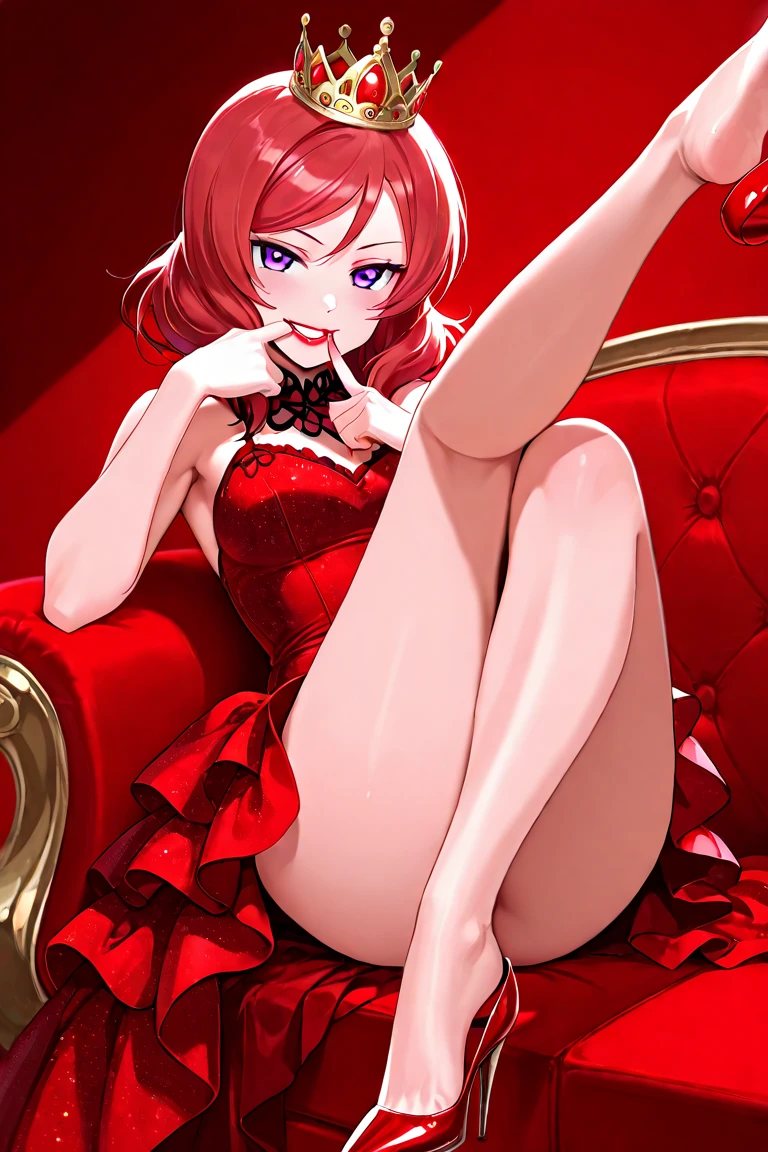 (NSFW: 1.4), (Best Quality, Masterpiece: 1.1), (Fidelity: 1.4), Woman, 22 years old, Lustful look, Flushed face, Face of Pleasure, Lustful expression, Lascivious half-open mouth, Short hair Messy red, Eyes purple color, In the Main Room, nocturnal moonlight, lace stockings, Lace choker, Hearts flying, Transparent lingerie, sitting in an armchair, legs open, full body, high heels, bare crotch, camel's paw, detailed hairy pubic anatomy, small breasts, hard chest beak, looking at the viewer, pov from below, comics style, analog style, illustration, lineart.