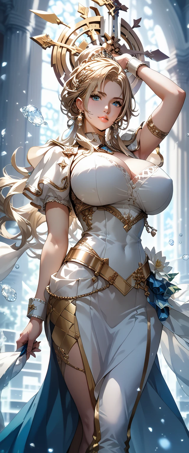 unparalleled masterpiece, ultra realistic 8k CG, perfect artwork, ((perfect female figure)), mature female, milf, narrow waist, chinese deity, looking at viewer, seductive posture, sexy pose, alluring, clean, beautiful face, pure face, pale skin, absurdly long hair, huge breasts, divine goddess, shiny skin, skindentation, lace, lace trim, lace-trimmed legwear, delicate pattern, intricate detail, (rich:1.4), prestige, gorgeous, luxury, royal palace, jewelry, gem, gold, silver, diamond, glint, sapphire, ruby, emerald, pearl, amber, obsidian, ((white legwear, white bodysuit)),<lora:hipoly3DModelLora_v10:0.4> ,blonde hair, <lora:victoriousAzureLane_victoriousorigin:0.7>