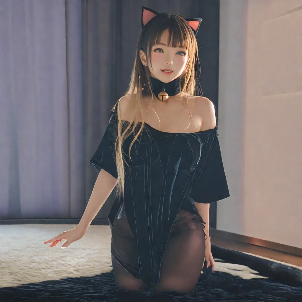Anime girl with gray hair and cat ears,Sapphire eyes,is shy,Blushlush,mediuml breasts,high-heels,shift dresses,fully body photo,hight contrast,the soft light,tmasterpiece,Extraordinarily good --auto
