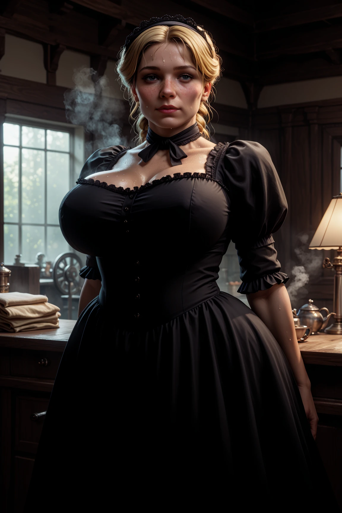 cute blond german maid full body photography, photorealistic modern, in the style of , Artstation Deviant art Pinterest Cgsociety Behance Pixiv, sunlight, ((victorian maid outfit)), very huge boobs, cleavage, thick tighs, kitchen background, young face, smooth and pale skin, (marylin monroe haircut), blue eyes, intricate scenery HDR post-processing 4k cinematic fine details very detailed trending on artstation