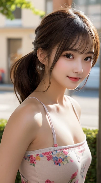 masutepiece, Best Quality, Illustration, Ultra-detailed, finely detail, hight resolution, 8K Wallpaper, Perfect dynamic composition, Beautiful detailed eyes, Women's Fashion Summer,Ponytail Hair,Small breasts natural color lip, Bold sexy poses,Smile,Harajuku、20 years girl、Cute、Sexy shot looking at camera