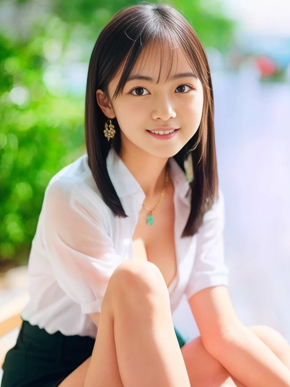 NSFW,15yo,harf nude,nipple,wolf cut hair, Japanese school girl,smile,