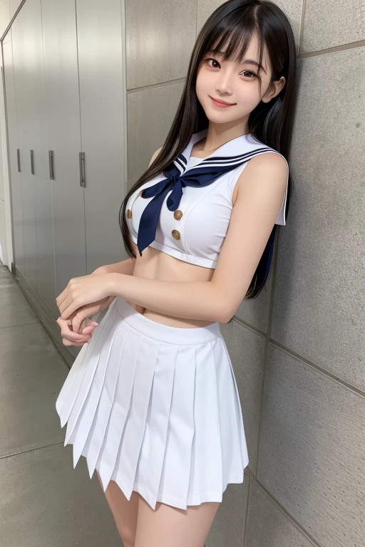 ((Best Quality, 8K, Masterpiece: 1.3)), 1girl, Slim Beauty: 1.3, (Hairstyle Casual, Big Breasts: 1.2), Colorful Sailor Suit: 1.1, JK Miniskirt, Super Fine Face, Fine Eyes, Double Eyelids, Smile, Focus, Hot Spring, Navel, Cleavage, Slim Figure