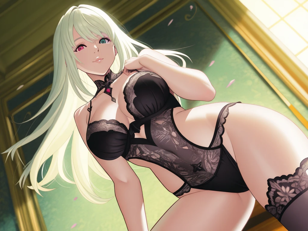 (((Fox woman))),(((Hyper detailed green eyes))),(((White hair))),(((Lawd expression))),((Sitting in an armchair)),(((Using lingerie))),(Body with full chest, thin waist and curves)))