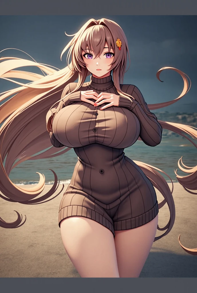 Curvy woman with large bust and very large buttocks dressed in casual clothing golden hair gray iris detailed full color natural beach environment red shirt