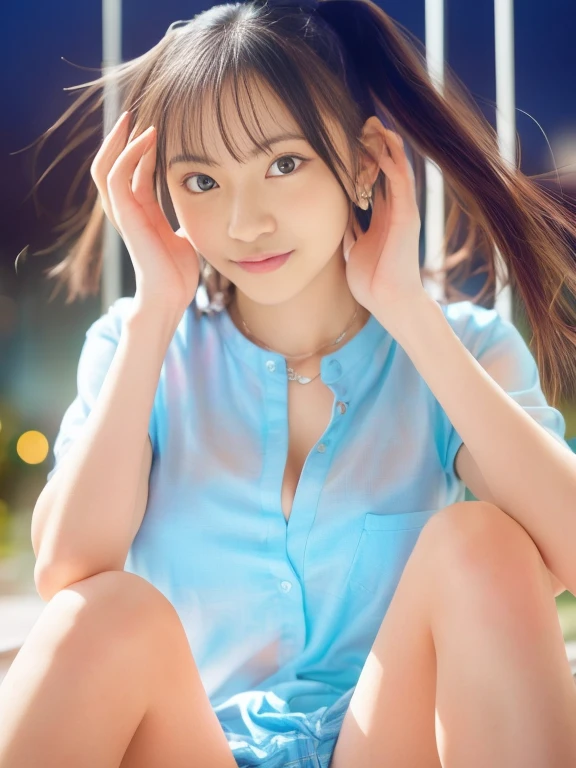 ((Park fountain:1.3)), (8k, RAW Photos, Highest quality, masterpiece:1.2), (Bun twin tail), alone, Looking at the audience, Viewed from the front, ((性欲が強いhigh school girl:1.3))、Beautiful white skin, knees, Absurd face is small, Part your bangs down the middle, The forehead is visible, Glare, ((Cute mischievous face:1.3)), Ultra-high resolution, cute, (Slender body line), Outstanding proportions, ((Smooth red knit dress:1.2)), high school girl, (Baby Face:1.5), Japanese women, Are standing, (Photorealistic:1.37), Photon Mapping, Realistic, cute顔が小さい, Brown eyes, prospect, Written boundary depth, Blurred Background, (I can see the bangs), Silky smooth hair, (Beautiful thin thighs:1.2), (Small beautiful butt:1.2), thigh, Nogizaka idol, Idol, (Detailed hands:1.2, Accurate hands:1.3, Beautiful little hands of a girl:1.3), (Small small breasts:1.3, Chest cutout:1.3), Super quality, Low people, (Clear white skin, Skin with visible pores:1.2), (Focus on the face), Check and correct the garment construction, (Perfect Anatomy:1.3), (Detailed eyes and face:1.3, Professional photography techniques), ((Mischievous gestures:1.2))