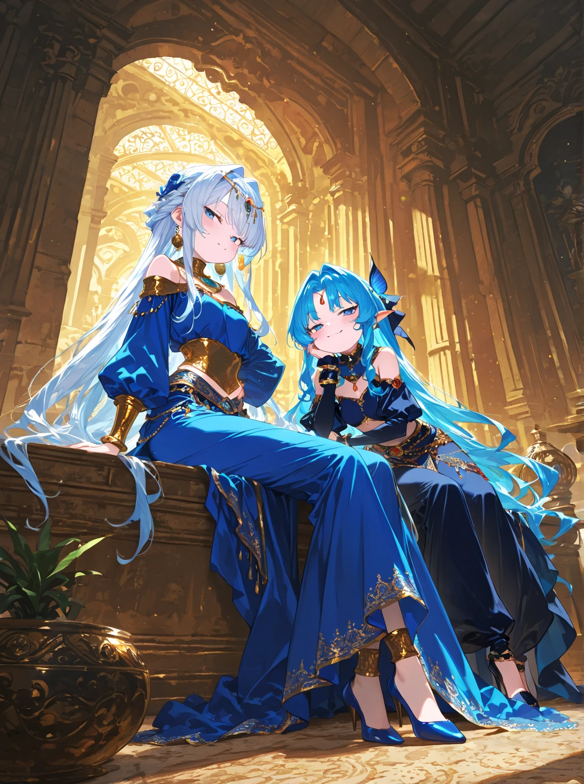 Two women, embodying the enigmatic allure of Lady Mechanika and the regal elegance of the Aztec Empress, stand amidst a room bathed in the ethereal glow of a twilight hue. Their bodies, adorned with intricate blue body paint and cyberpunk ornaments, glisten under the soft, dim light, hinting at a tale of mechanical ingenuity and ancient mythology. The scene unfolds like a cinematic masterpiece, with prominent static frames reminiscent of Prometheus, capturing the women's silhouettes against a distant balcony, where solarpunk gardens cascade downwards, merging the futuristic