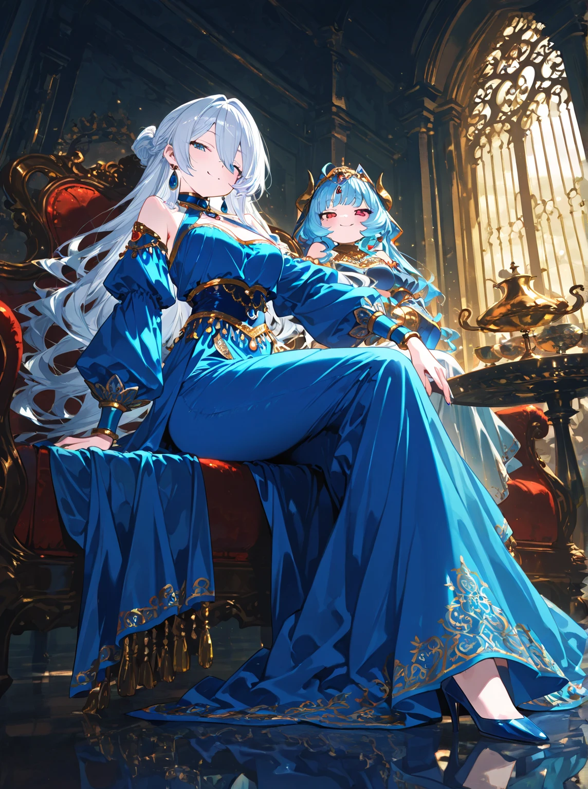 masterpiece, best quality, highres, rimuru tempest, blue hair, RED EYES, long hair, medium breasts, an adult girl, , clad in an opulent, midnight blue silk gown with silver thread detailing and a high collar. Her long hair cascades gracefully over her shoulders, and she smiles with a kind and generous expression. The dress, featuring a dramatic train and intricate beadwork, is paired with a silver crown adorned with sapphires, matching sapphire earrings, and delicate silver slippers. A sheer, star-patterned cloak completes the ensemble, reflecting her happy and noble demeanor, full body image, kind and generous nature, happy,