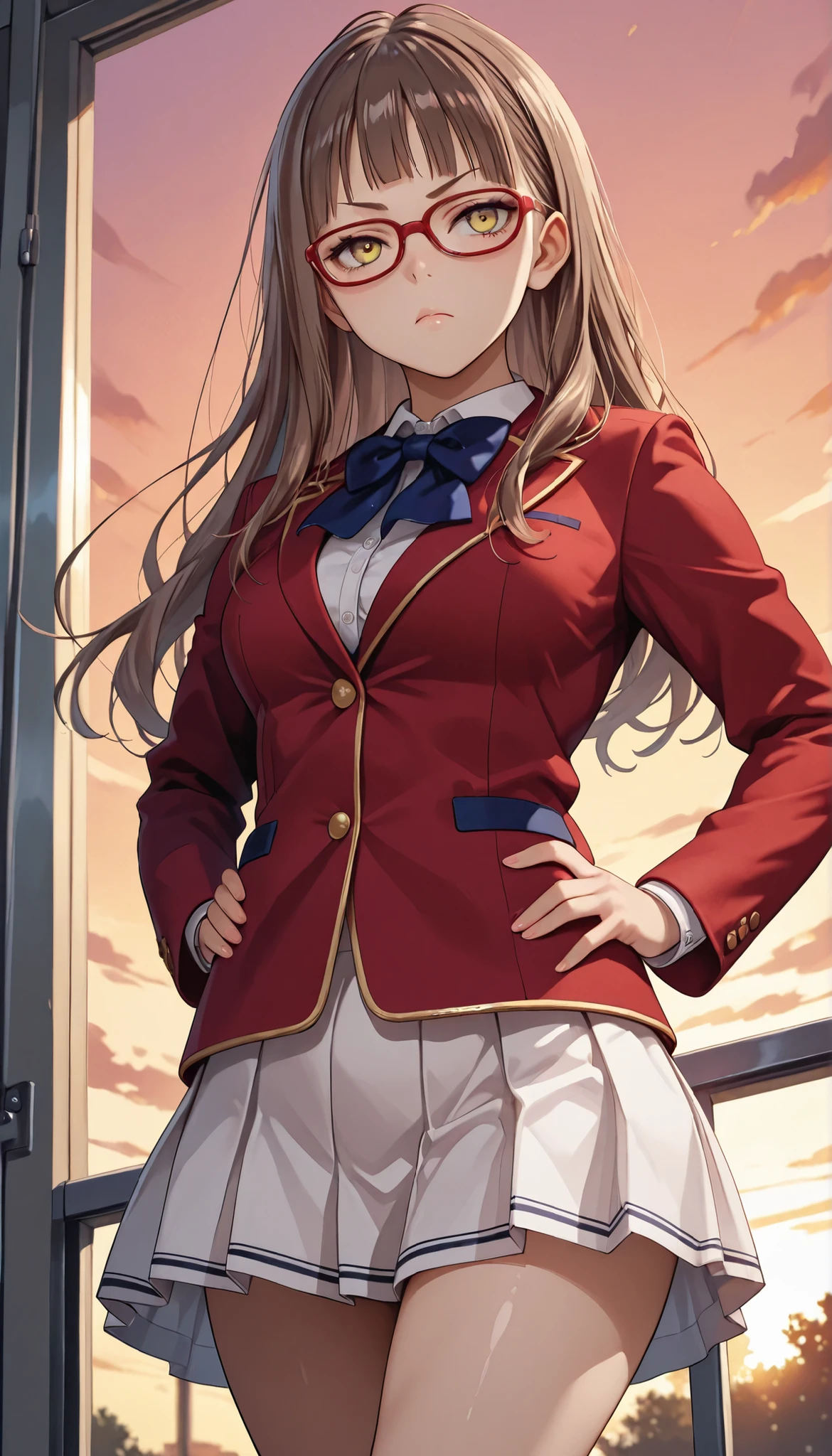 rika morofuji, brown hair, long hair, yellow eyes,red-framed eyewear glasses, 1 girl, red ribbon, red jacket school uniform, white shirt, red jacket, collared shirt, bowtie, white skirt, thigh,from below, walking ,1girl, solo, cowboy shot, sunset ,school commute, masterpiece, best quality, amazing quality, very aesthetic, absurdres, serious, closed mouth , glossy lips ,hands on hips ,medium breast