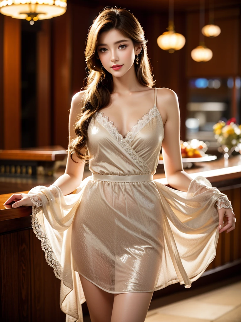 ((Very beautiful girl:1.3)),((brown wrap dress_long-sleeve_Big necklace_Large earrings_see-through sleeves:1.4)),((FULL BODYSHOT:1.5)),((Lying on a hotel bed_arms spread wide:1.3)),((FULL BODYSHOT:1.5)),((Thin_fabric:1.4)) ((Doing work:1.3)) ((Her face is flushed:1.2)) ((Medium milk:1.2)) ((close-up:1.2)) Best Quality,masutepiece,超A high resolution,(Photorealistic:1.4),Raw photo,(Authentic skin texture:1.3),(Film grain:1.3),the panorama,Character Portrait,Very Wide Shot,Narrow waist,Cowboy Shot,(In the Dark, deepshadow, lowkey, cold light,) Night,((loose wavy hair:1.2)),((brown super long hair_waist-length hair:1.2))Streaming Tears,,Dust,Tindall Effect,(expression),1girl in,beautiful detailed eyes and face,White Jabot)) ((Smile:1.3))