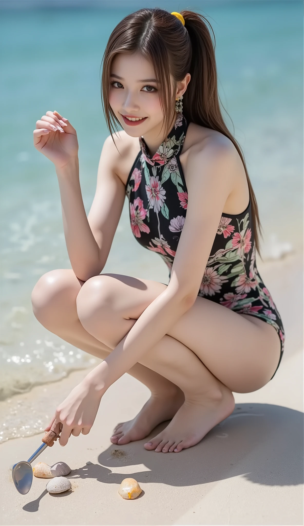 ((Korean pop idol who uses hunting tools。),((Crouch down on the beach and use a small scoop to collect clams,taken from the side)),((tropical sandy beaches and beautiful seas)),((High neck swimsuit)),(nice smile),(beautiful Korean idol makeup,beautiful lips,dark eyeshadow,Long Lashes),shiny skin staring at the camera, Show view , Beautiful hair, Pure Eyes , (super long side ponytail hair,beautiful hair with point colors),(8k, Top quality , Masterpiece:1.2, very detailed on trends),( anatomically correct, Ultra Detailed Skin ,Refers to 5 books )