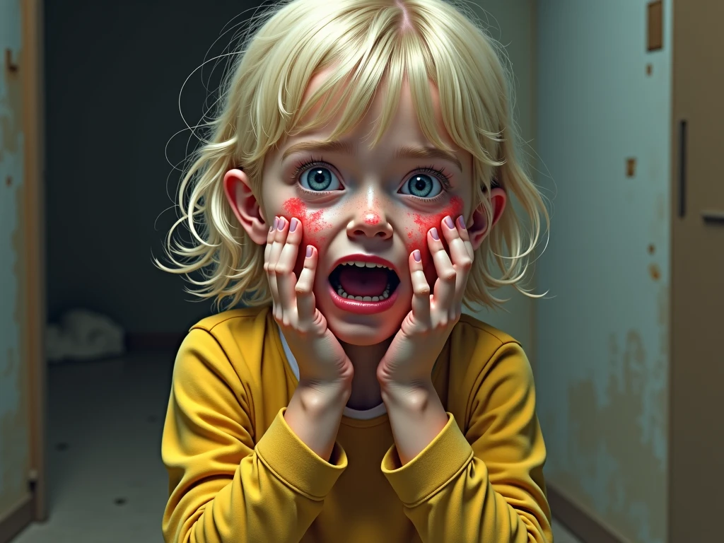 a picture of a small child standing behind a door, his face is half hidden, he smiles, evil smile, blond hair, curly hair, red eyes glowing eyes, wearing white shirt, wearing short pants, modern day child room background, toys spread background,