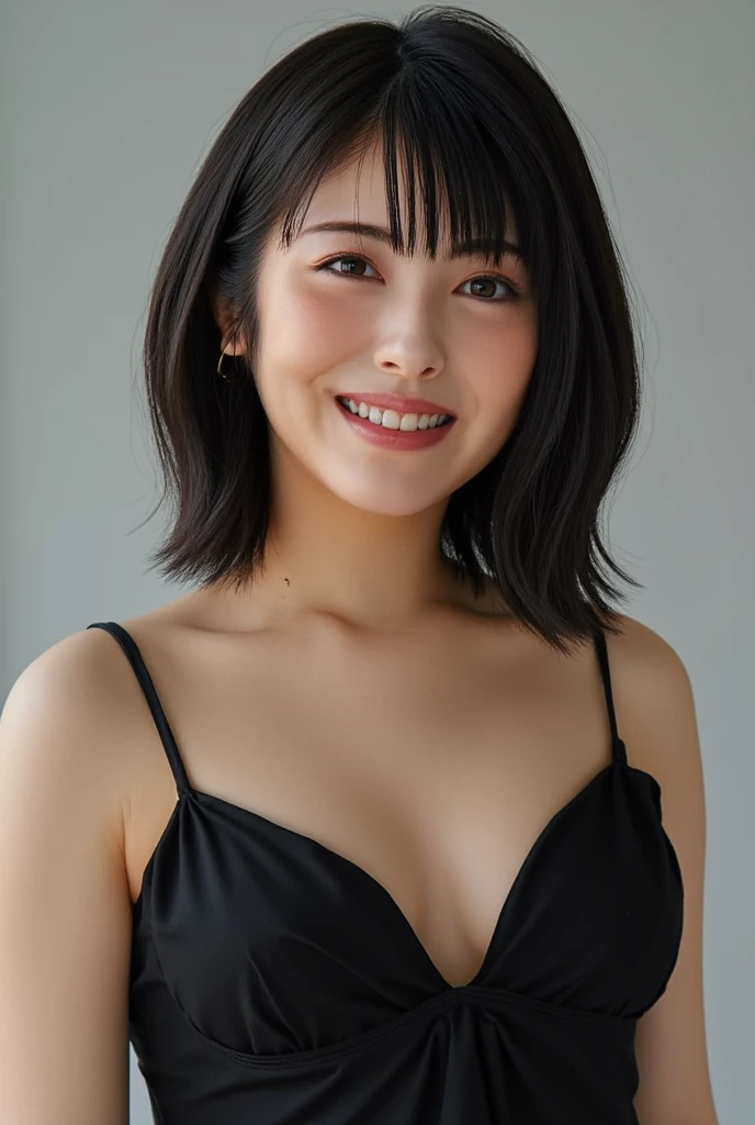 a woman,1 girl,black hair, hair bobbles, longeyelashes, solid circle eyes, light smile, mole under eye, piercing, light smile, shy, puckered lips, Surrealism, drop shadow, stereogram, ass pov, atmospheric perspective, depth of field, first-person view, f/1.8, 8K, super detail, ccurate, best quality, highres, best quality,full body,professional lighting,Cleavage