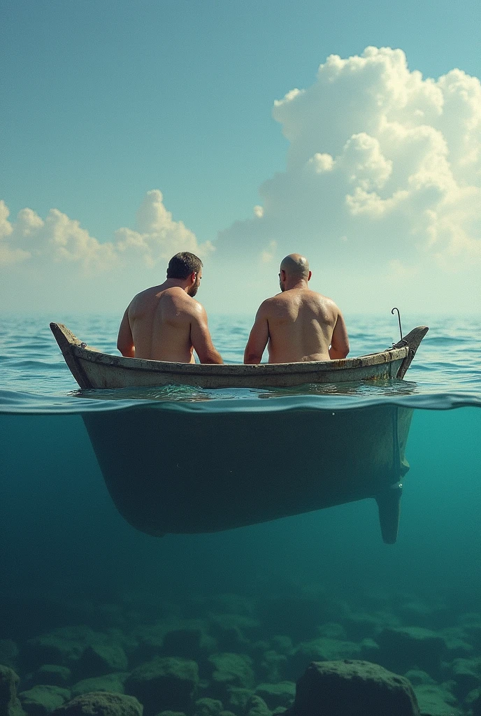 Make the image of a huge inverted table, with legs up, floating in the sea. The boards are in contact with the waves and the legs are pointing towards the sky.. This is what a raft looks like with the table legs upright at the corners.. There are two men lying on bundles in that boat.. There is a bottle of whiskey and a painting easel