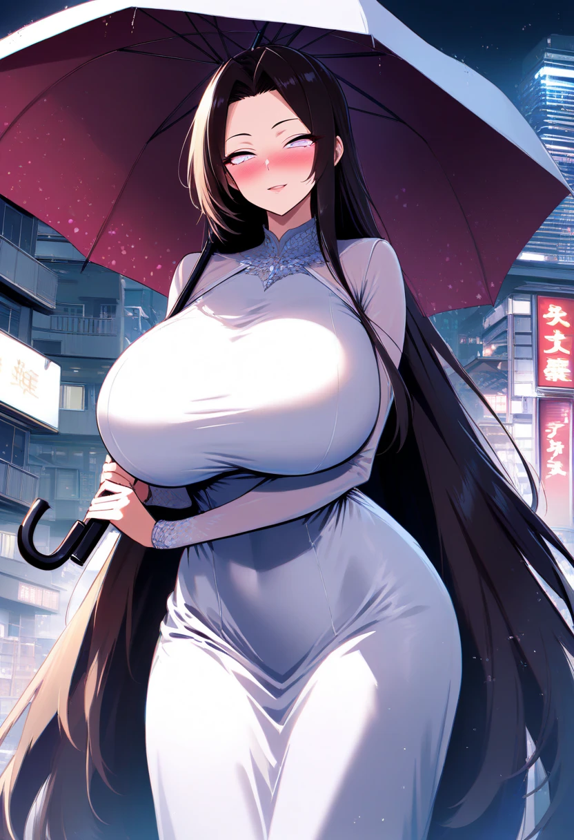1girl, woman, (wetting self:1.5), desperation, (very long hair:1.5), straight hair, medium bangs, huge breasts, black hair, blue eyes, furisode, kimono, cleavage, (blushing:1.5), aroused, orgasm, smirk, wavy mouth, trembling, (hands behind back:1.5), city, street, crowd, night, futuristic, colorful lights, colorful city, storefront, counter