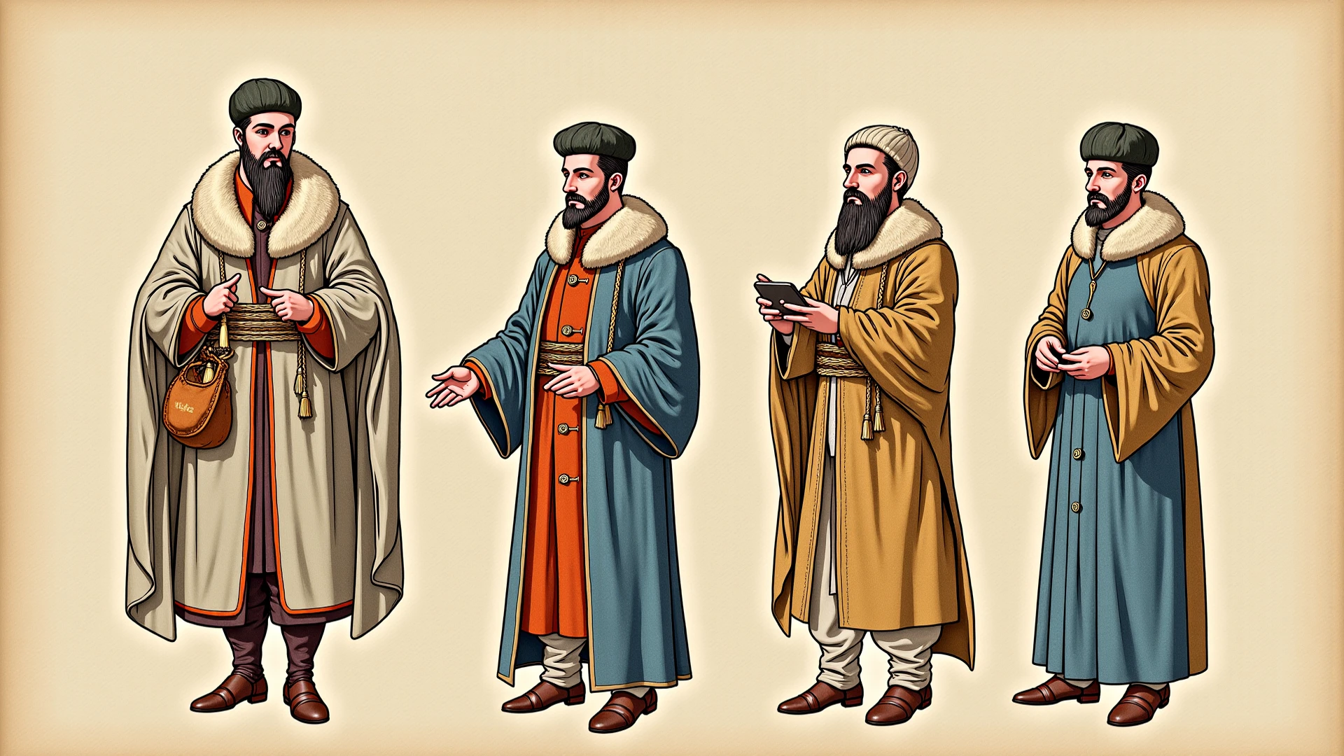 The character sheet model of Saadi, who is an Iranian male poet and the colors of his clothes are Iranian colors, is standing in ancient Iran and writing poetry.