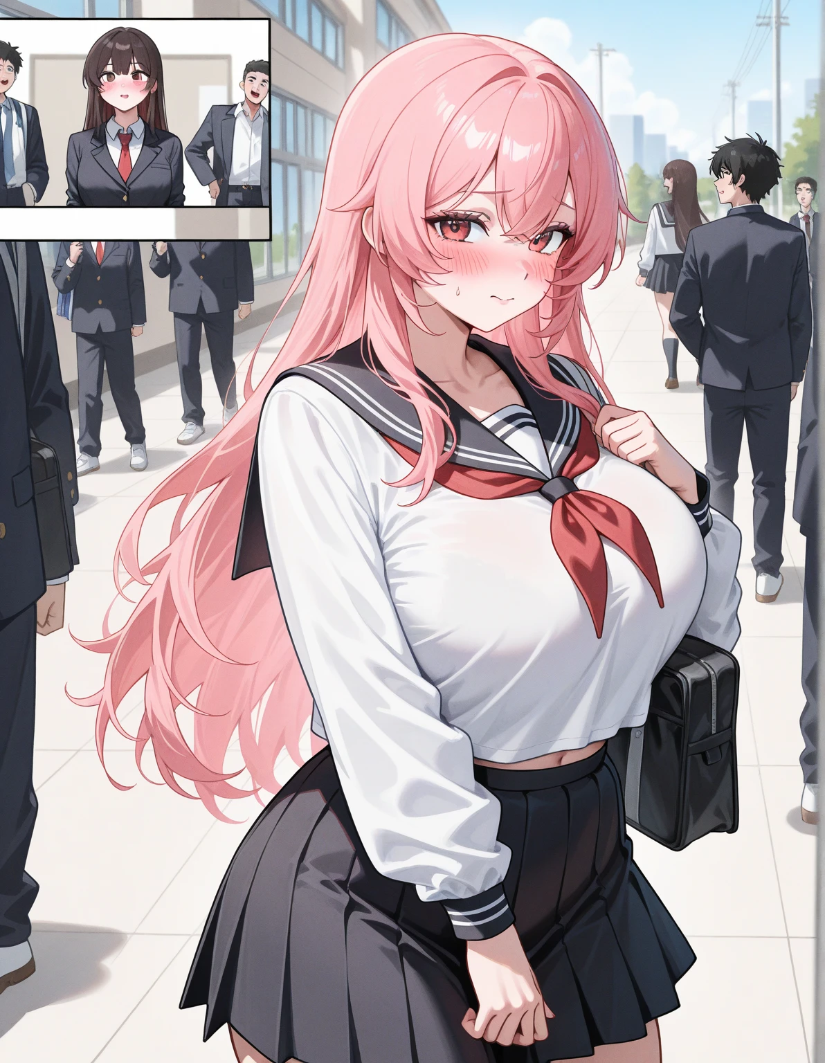 perfect human body，1 woman，Mature and intellectual woman， (Exposed publicly，street)，,french braid, clavicle，((big breasts))，Sailor suit，smooth thighs，(blush:1.2),((skirt lift))，shy，Fear，cry，tears，