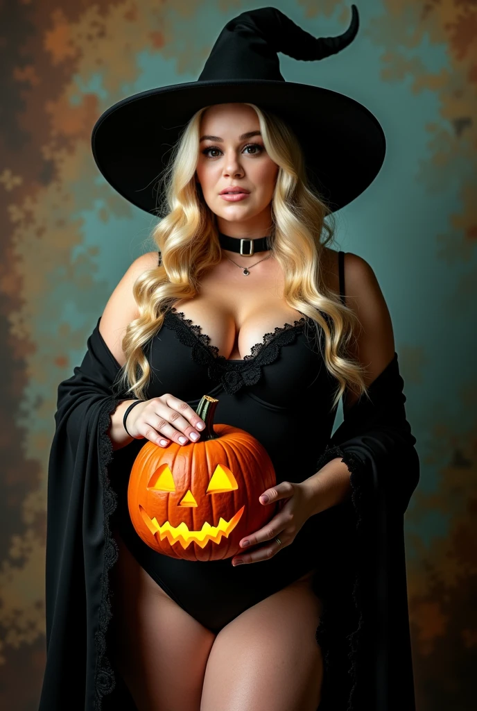 Masterpiece, (8k wallpaper) , (best quality), perfect quality, A sexy fat voluptuous mature obese witch, small tiny breasts, drooping chest, standing in a pumpkin patch at night, surrounded by jack-o-lanterns, ((halloween black hat)), detailed woman face looking at the camera, (((correct deformed fingers, photorealistyes to the camera))), ((high-heels)), ((sit on witch chair, black cloak)), ((Vibrant colors)),