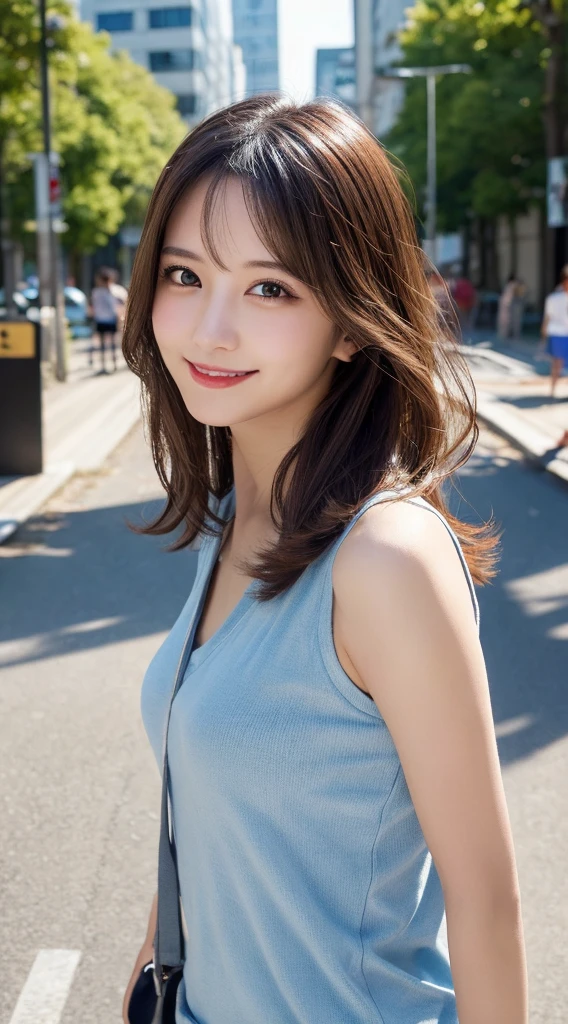 masutepiece, Best Quality, Illustration, Ultra-detailed, finely detail, hight resolution, 8K Wallpaper, Perfect dynamic composition, Beautiful detailed eyes, summer blouse setup clothes,Medium Hair,Small breasts natural color lip, Bold sexy poses,Smile,Harajuku、18 years girl、Cute、Sexy shot looking at camera