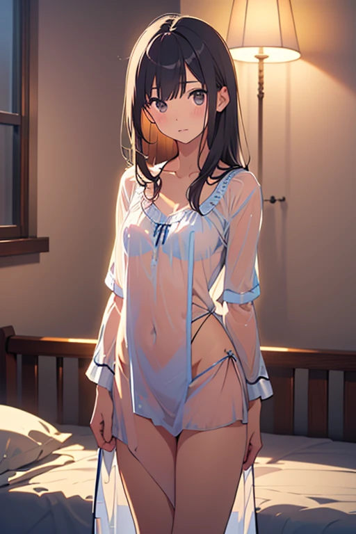 (best quality:1.2), 1girl, (fisheye, juicy lips, green eyes, ((brunette)), bangs, (twin braids), shirt, white panties, bedroom), (wet), (see-through wet shirt and panties), (sitting in front of camera crisscrossed), smiling, steamy, (wet panties),