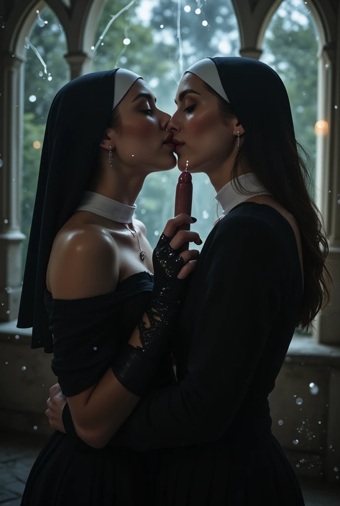In a gothic chamber during a thunderstorm at night, a beautiful lady vampire makes love to a beautiful ecstatic Nun in a gossamer habit , black gloves, masturbating