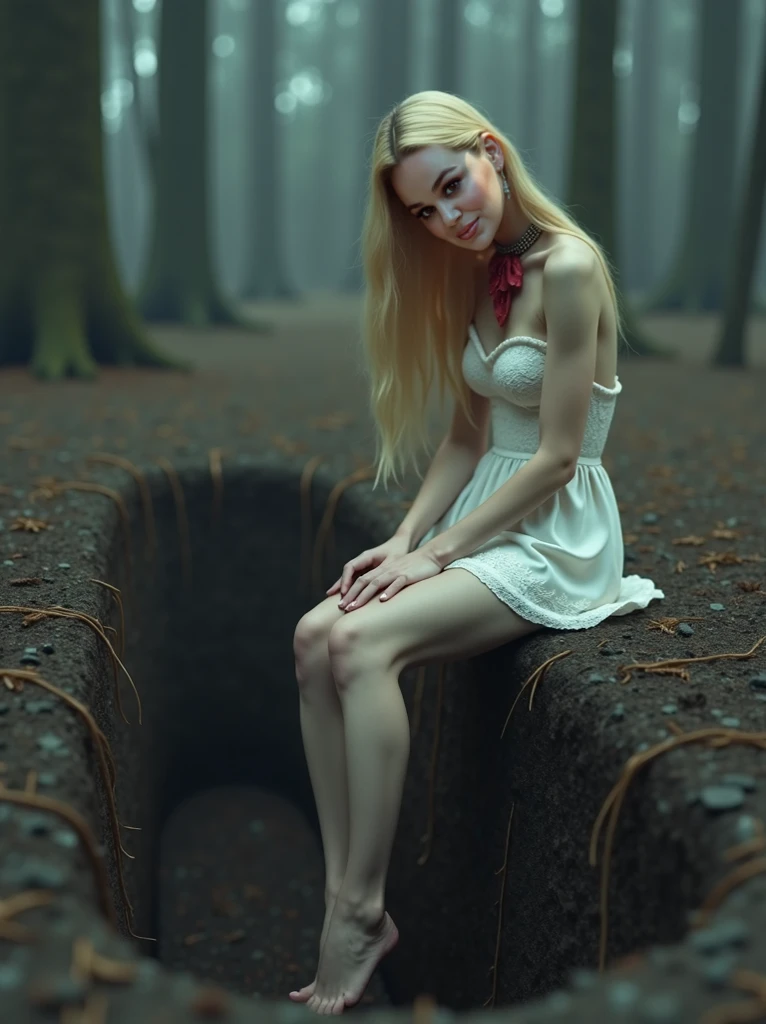 (Photorealism:1.1), Young woman, bald, Long legs, Beauty, medium breasts, the right hand strokes his hair, dressed in a long white dress, the girl's shoulders are bare, legs are bare, a light wind ruffles her hair, lace dress, lace corset, a long train of the dress hangs on the edge of the grave, Young woman сидит на правом краю могилы, gray eyes color, the background is a dense, dry, gloomy forest of very thin branches, , Young woman сидит на краю могилы свесив ноги, The view is directed inside the pit, a red lace bow on her neck, grave is dug in the ground, The edges are earthen, earth walls, black earth, wide grave, even edges