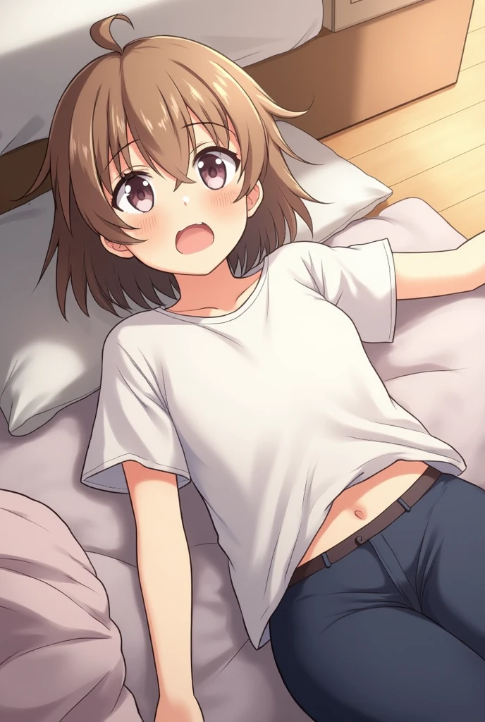 (Highest quality), (masterpiece), highly detailed, Megumin is lying on her back on the bed with her legs spread apart. She is wearing a yellow knit vest and white knee-high socks over her white shirt and a grey mini pleated skirt. Her panties are flipped up to the right and I insert my short penis all the way into her and then I vigorously inseminate her., Climaxing and convulsing, body, whole body, Eyes that are evenly shaped, A cool look, Sleeping soundly with your eyes closed, Short Hair, Small Breasts, She has a full head of pubic hair, Beautiful Vagina, get creampied, A simple background with just a sheet, subjective perspective,
