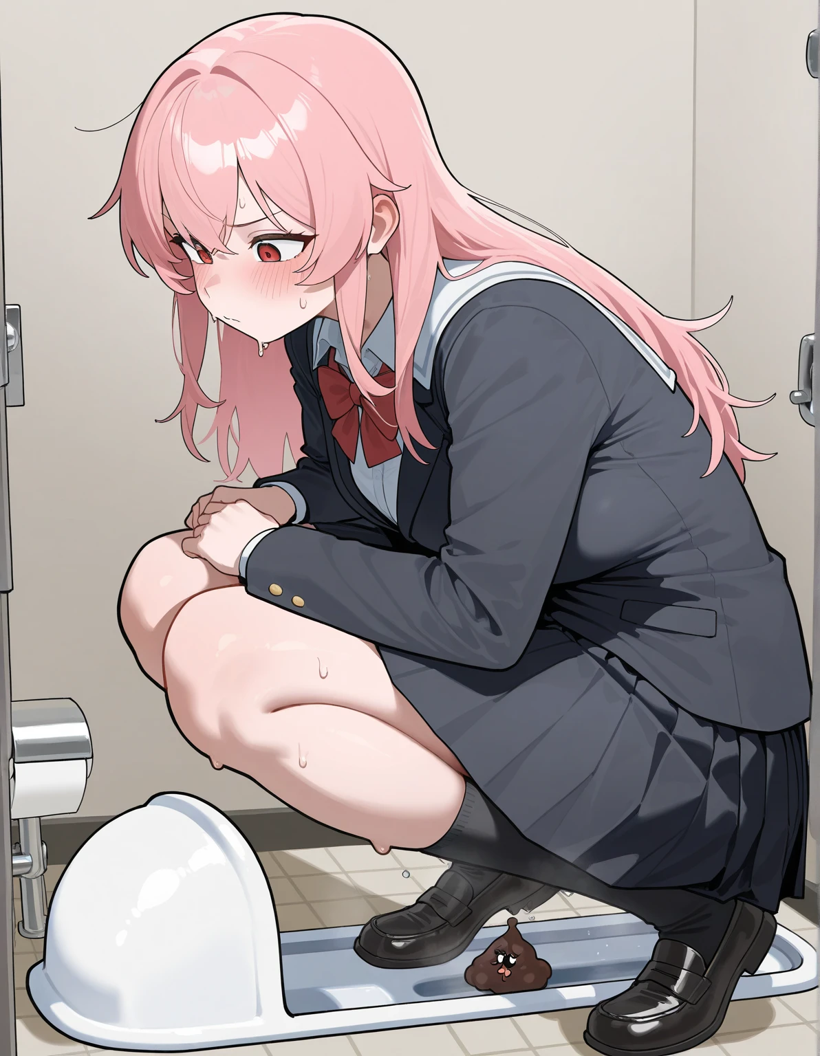 score_9, score_8_up, score_7_up, source_anime, BREAK 1girl, yunidef, purple eyes, pink hair, long hair, two side up, , hair ornament, mole under mouth, pink necktie, indoors, , pov, , black footwear, blush, evil grin,, smile,, crazy smile, angry, sitting, bathroom,sitting in toilet, sitting on toilet, closed eyes, pussy, shitting, toilet,, nude, small breasts, navel, shit inside toilet, toilet full shits, shit,