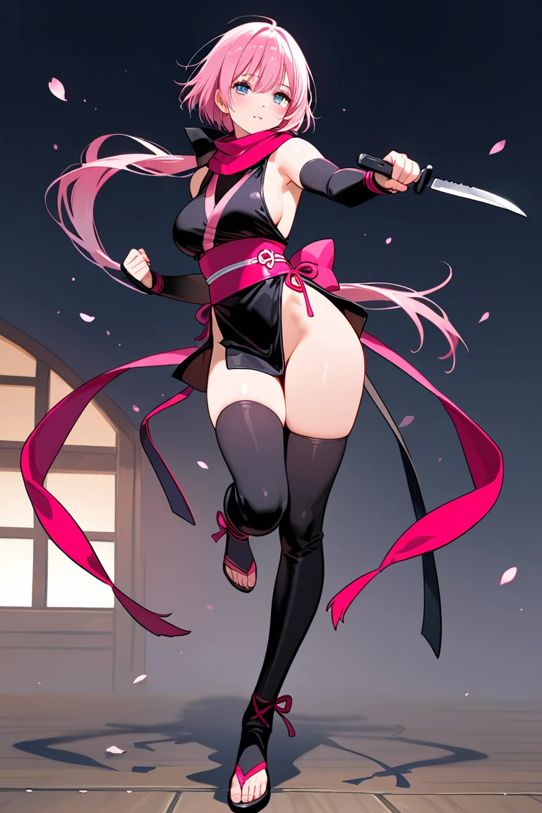 (best quality,4k,8k,highres,masterpiece:1.2),ultra-detailed,(realistic,photorealistic,photo-realistic:1.37),beautiful ninja woman,ample bosoms-long detailed pink hair in a stylish ponytail,ninja clothing-ninja mask,samurai sword-shuriken,traditional Japanese setting,japanese cherry blossoms,hidden moonlight ninja village,moonlit night,dark shadows,silhouette of a ninja on a rooftop,fierce and determined expression,strong and agile physique,dynamic ninja pose,sneaky footsteps,stealthy movements