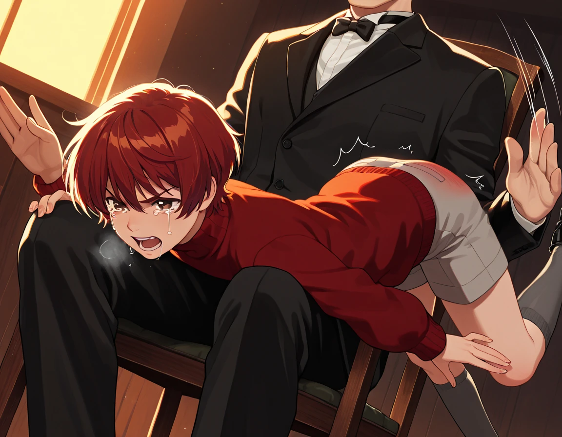 score_9, score_8_wonderful, score_7_wonderful, sauce_anime,helios,Akira Ohtori,Male Focus,1 male,No pants,Red tie,Auction,Long sleeve white shirt,On all fours,Place your hands on the floor,penis,Leash color,View your viewers,squat,Redhead,Green Eyes,humiliation,Obedience,yield,Feet to Head