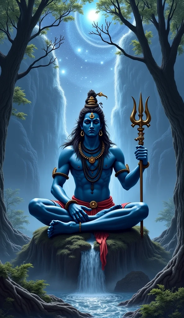 Create image of lord shiva , dark blue in colour , different weapoins in hand , sitting on brown eagle