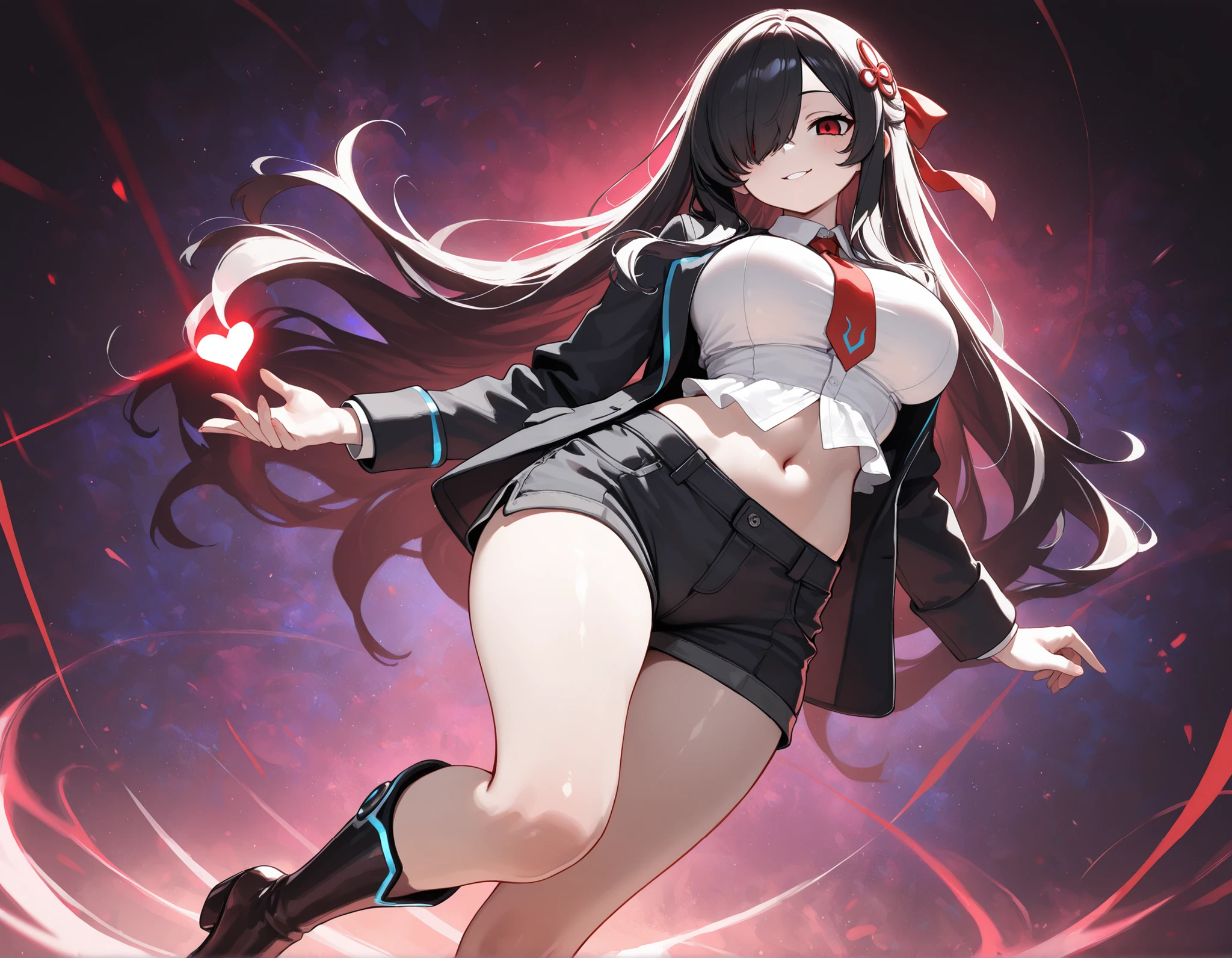 8k, HDR, extremely detailed face and eyes, beautiful face and eyes, perfect hands, good_hands, solo, 1girl, Kuroki Monika, black hair, very long hair, hair over right eye, red eyes, large breasts, (petite but curvy, very cute), hair ornaments, ribbon, hair ribbon, cargo shorts, white blouse with collar, tie, long business suit jacket, plato boots, stomach, navel, solo, artistic error, looking at viewer, smile, parted lips, abstract background, purple abstract background, glowing particle, glowing light, luminous light, low angel shot, focus boots, masterpiece, best quality, amazing quality, cinematic angle, cinematic shadows, From bottom to top, low angle shot, medium full shot