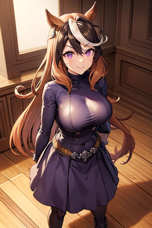1girl ,solo,20s,mature female,red hair,long hair,fox ears,(white background),shirt,black standard tie,blue blazer,long sleeves, black pleated skirt,(upper body),squinted eyes,:D, tongue out,evil smile,from below