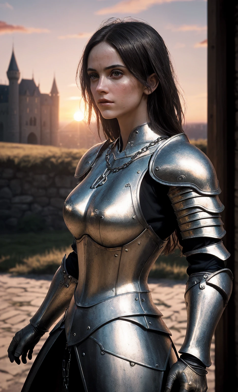 (masterpiece), (extremely intricate:1.3),, (realistic), portrait of a girl, the most beautiful in the world, (medieval armor), metal reflections, upper body, outdoors, intense sunlight, far away castle, professional photograph of a stunning woman detailed, sharp focus, dramatic, award winning, cinematic lighting, octane render, unreal engine, volumetrics dtx, (film grain, bokeh, blurry foreground, blurry background), crest on chest