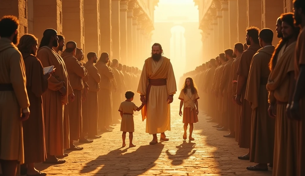 Make 10 Hebrew men and a young Hebrew boy wearing dirty clothes all of them with surprised face by seeing an Egyptian pharaoh, make it inside a palace, make it like a movie poster