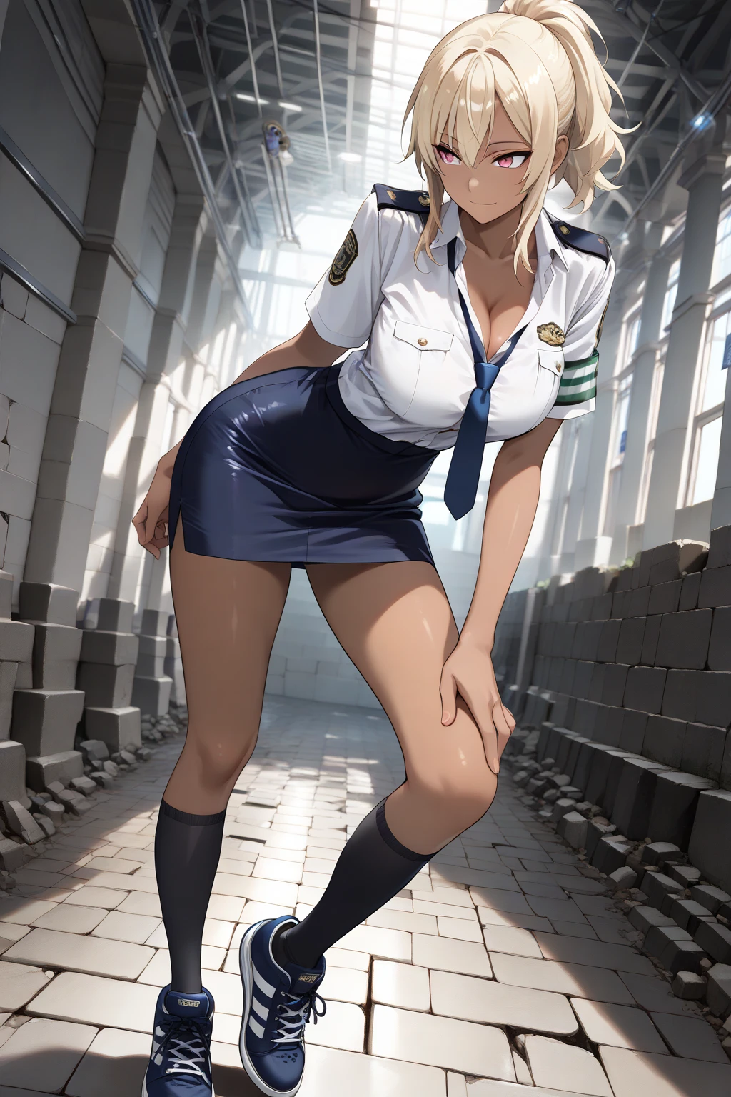 (High definition CG Unity 8k wallpaper). (masterpiece). (Highest quality). (Ultra definition). (Best illustration). (Best Shadow). (Absurd). Sweat. steam. stare. female police officer. She is 20 years old. Her hair is tied up. she is blonde. She is in uniform. Navy hot pants. She has a whip in her hand. she has big breasts. white background. she is squatting. She spreads her legs.
