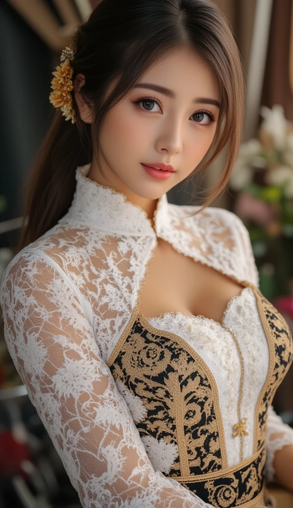 ((Top Quality, 8k, Masterpiece: 1.3)), (A beauty girl with tattoos on her arm and legs, beautiful tattoo art detailed), ((text tattoo on her leg: Fuck Me)), detailed beautiful eyes, big breast, Beauty, 1 Girl, Big tit:1.3, Slender Abs: 1.1, Dark Brown Hair, (sit, Open Legs: 1.2), Ultra Detailed Face, Highly Detailed Lips, Detailed Eyes, Double Eyelids, , open your legs,No makeup, Near and far law, depth of fields, A hyper-realistic,(tight fit kebaya dress)